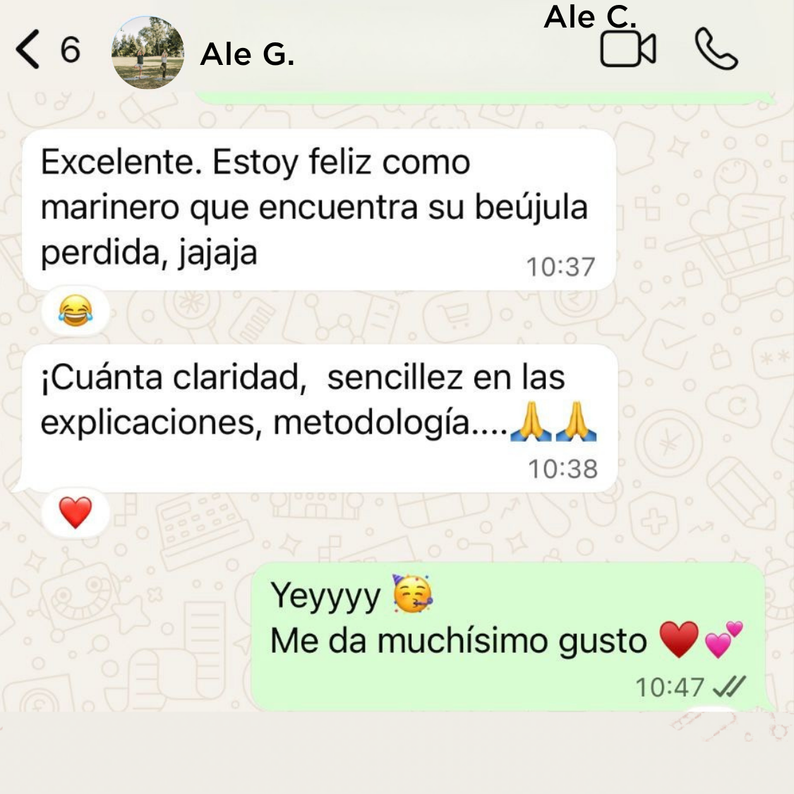 Reseña de WhatsApp de Ale G. sobre la claridad y sencillez de la metodología