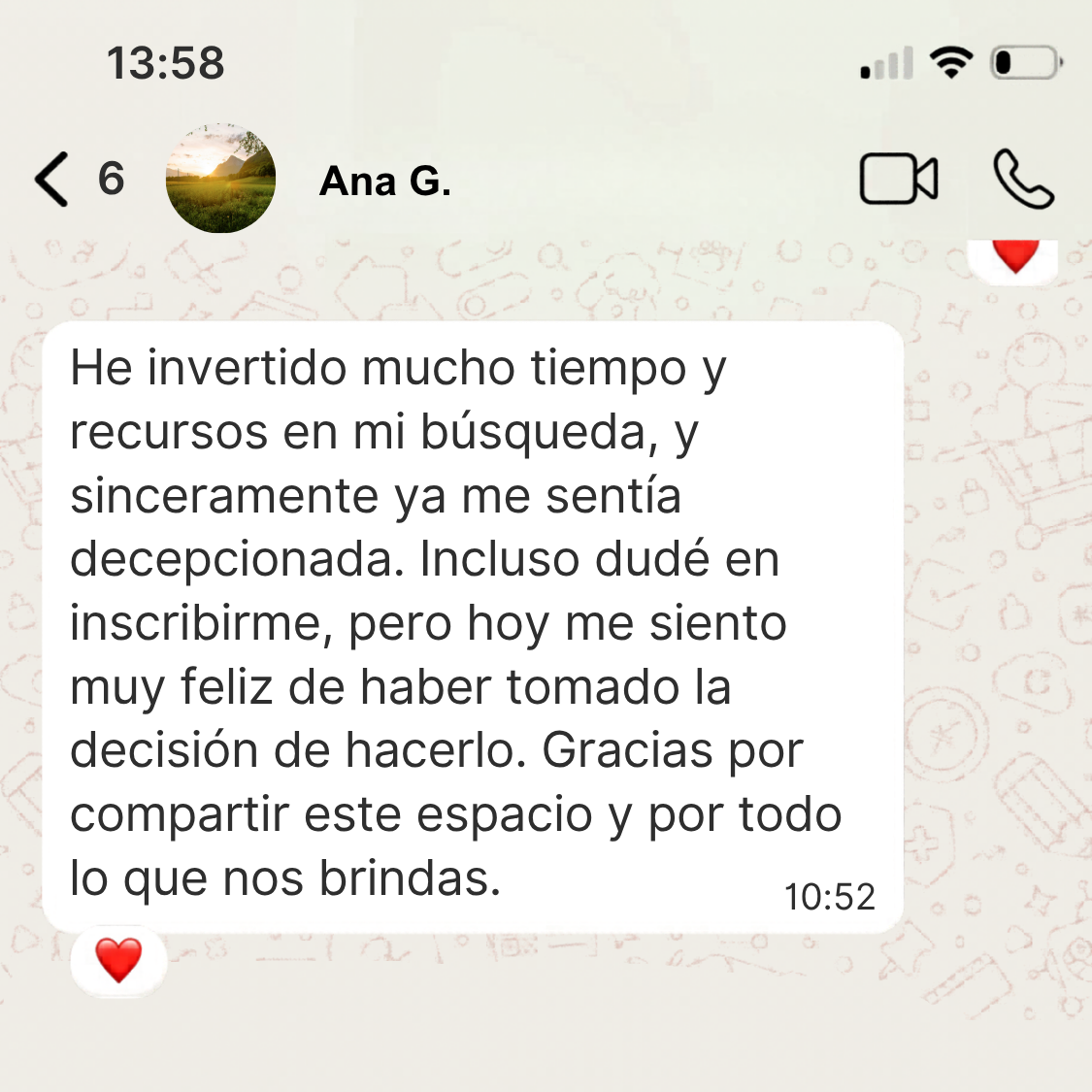Reseña de WhatsApp de Ana G. sobre su experiencia en la certificación
