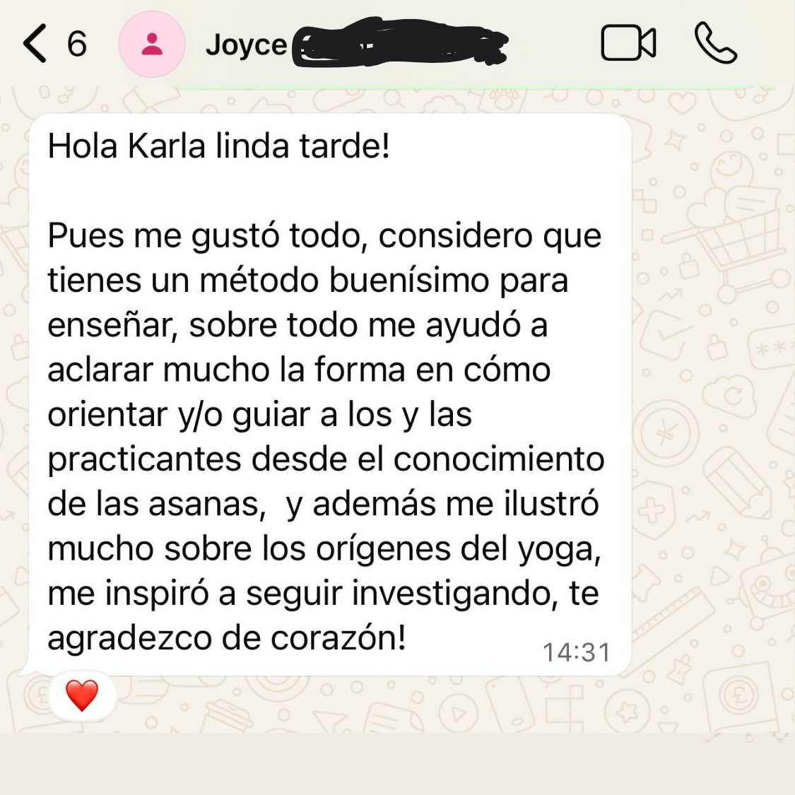 Reseña de WhatsApp de Joyce sobre el método de enseñanza de Karla